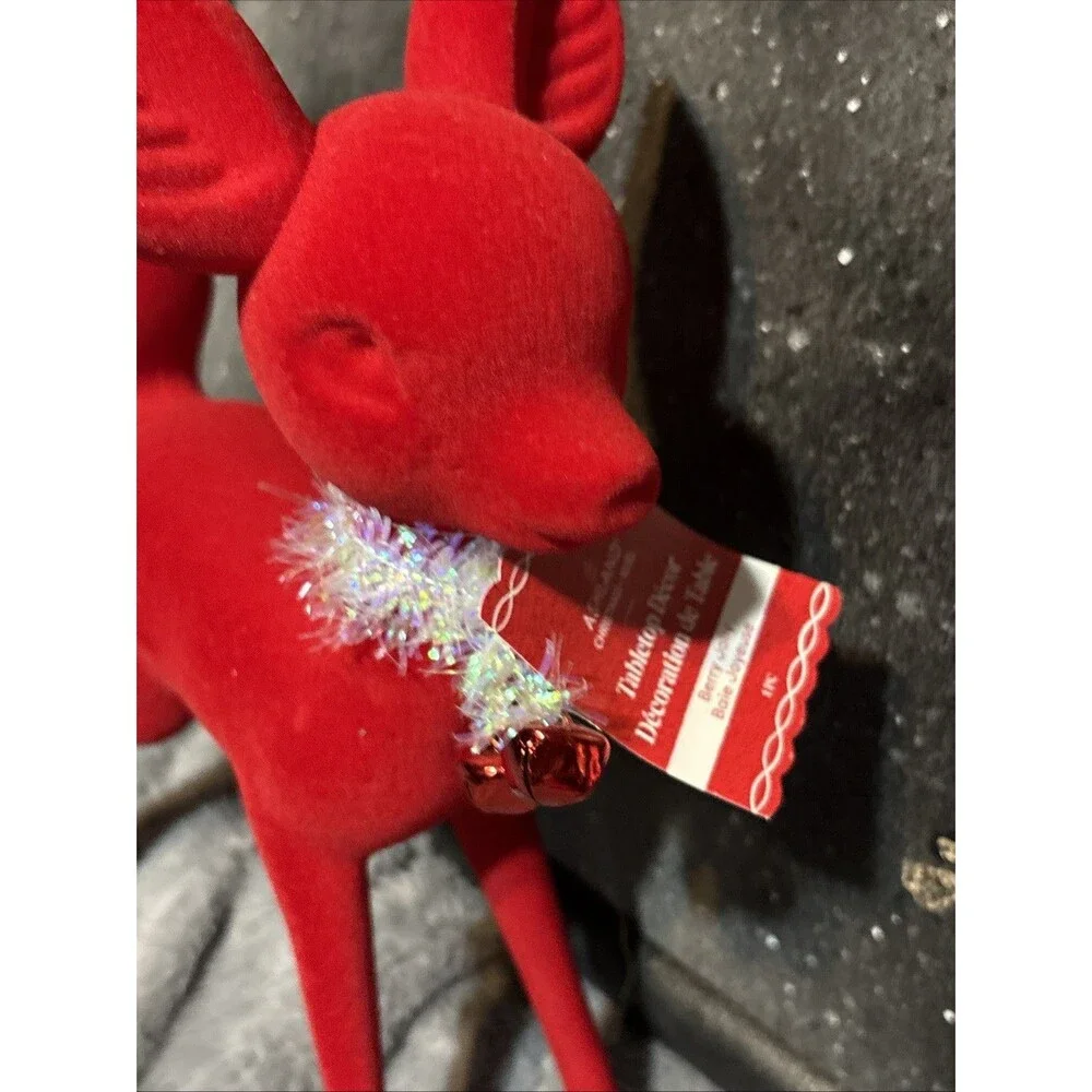 NWT Ashland Red Flocked Tabletop Deer Christmas Holiday Lot Of 2 11.5” And 6.5”